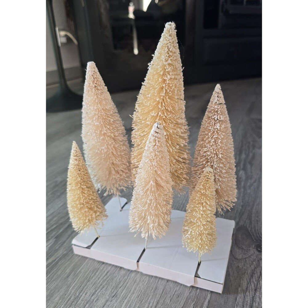 Set of 6 Cream Bottle Brush Flocked Christmas Trees Village NEW